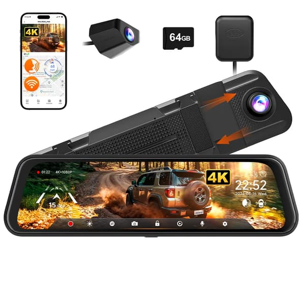 Dash Cam, 4K + 1080P Resolution, Dual Camera Function, NO HARDWARE KIT, Free 64G TF