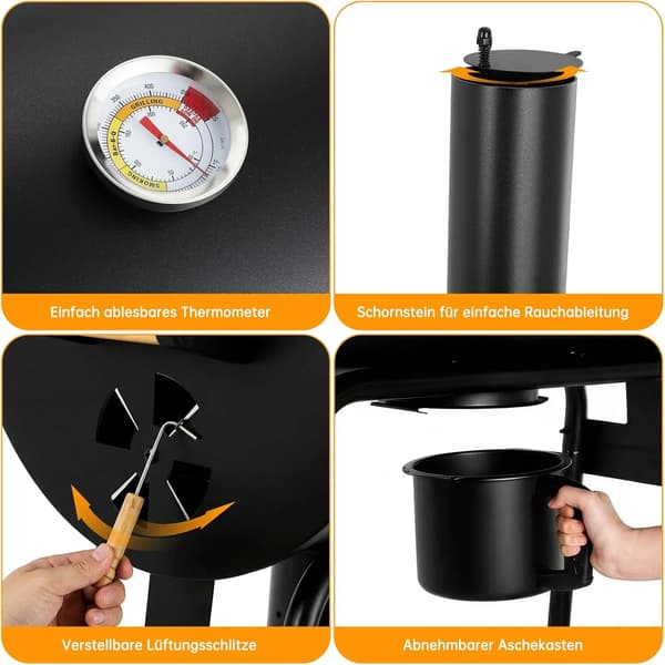 Kulgrill, Indbygget Termometer, Foldbare Sidehylder,sort