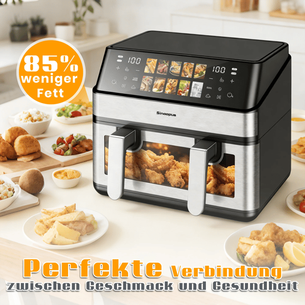 Luftfritös, 8,5L kapacitet, 2000W effekt, 220-240V spänning, 12 matlagningsprogram, LED-touchpanel