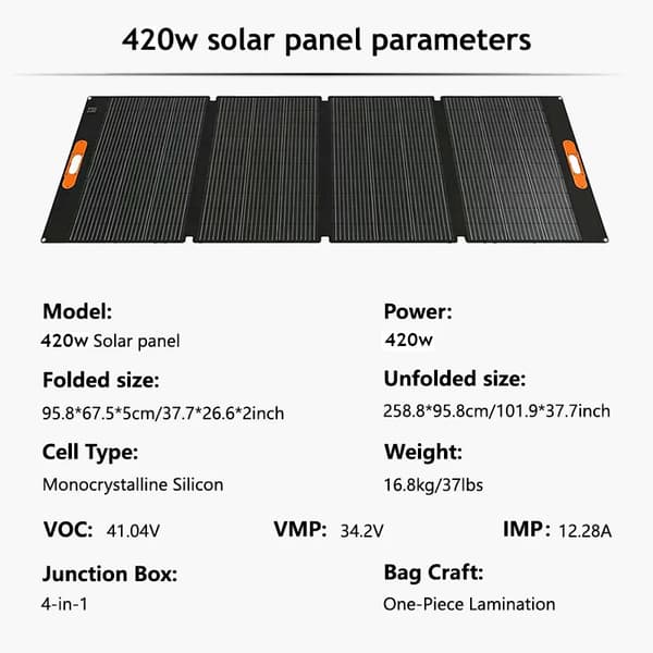 Solpanel, Lättviktsdesign, Fällbara paneler med justerbart stöd, Vattentålig konstruktion, Fällbar 420w