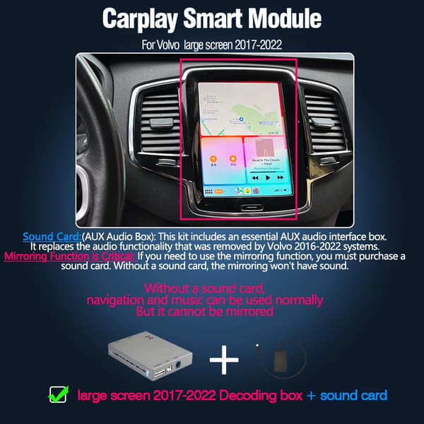 CarPlay Android Auto Opgradering, Trådløs Forbindelse, Nem Installation,Volvo 2017-22 + Spejl lydkort