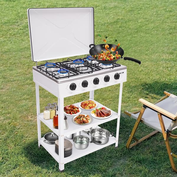 Campingkök, 5-brännare design, bärbar gaskokplatta,VIT