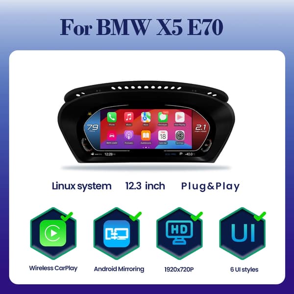 Trådlös CarPlay, Digital instrumentpanel, Kompatibel med X5 E70, Android spegling, X5 E70