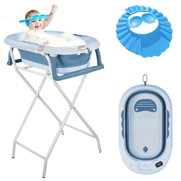 Babybad, Foldbart Design, Indbygget Termometer,Blå