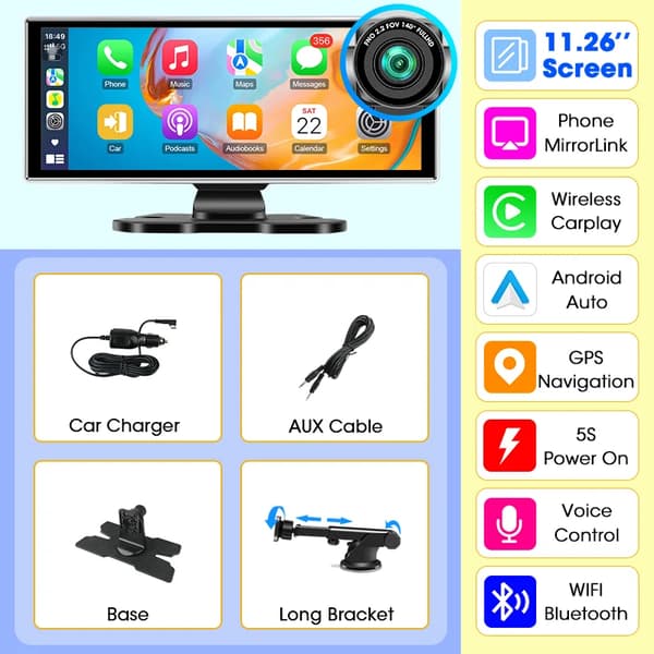 Bilmonitor, 11,26 tum skärm, stöder Carplay och Android Auto,11.26 tum 4K DVR