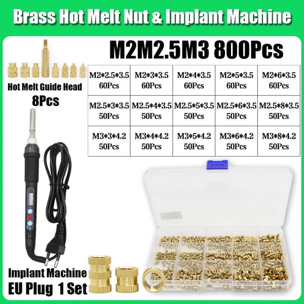 Brass Heat Set Insert Nut Verktygssats, Mångsidig Kompatibilitet, Hållbart Material,809st EU