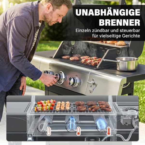 Gasgrill, 3 brændere, integreret termometer,sort
