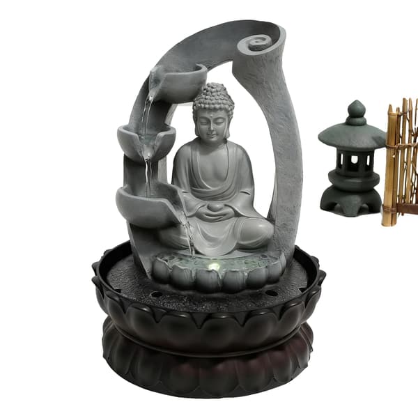 Vattenfontän, Buddha-dekor, Avkopplingsfunktion,Ljusgrå
