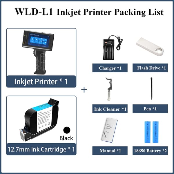 Håndholdt inkjetprinter, hurtigttørrende blæk, dual spændingsdrift,Printer med 1 sort