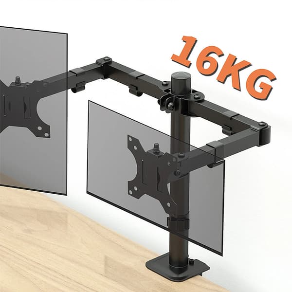 Monitorbeslag, Dobbeltarmsdesign, Højdejusterbar,sort