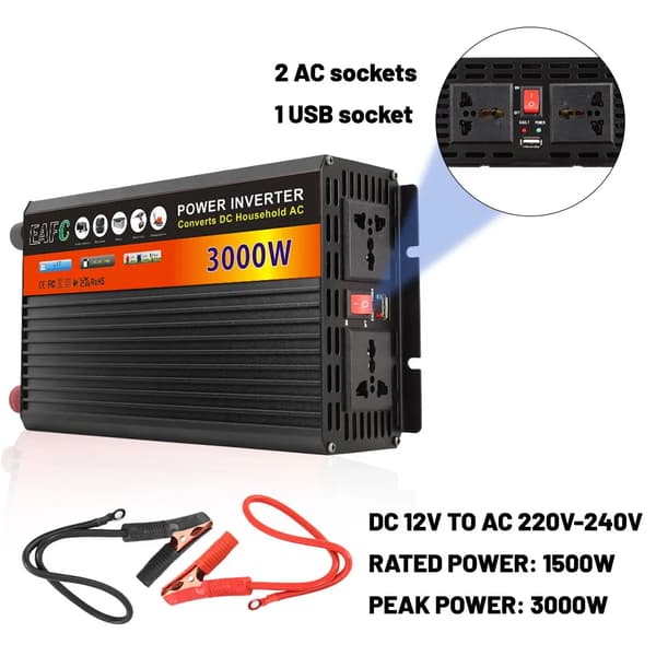 Bil Inverter, 3000W Spids Effekt, Flere Udgange,Sort