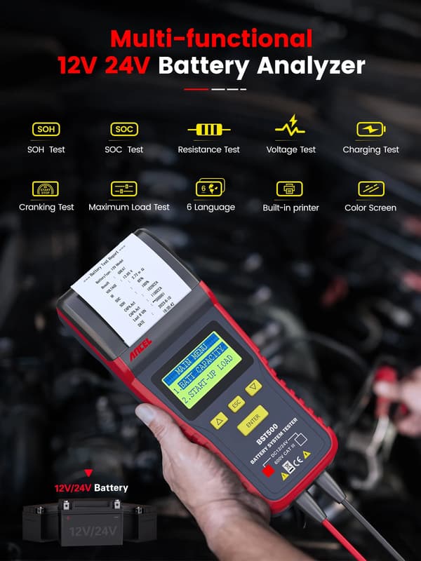 Batteritestare, inbyggd skrivare, stöder 12V och 24V system,ANCEL BST500