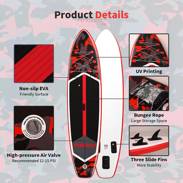Oppustelig SUP-board, skridsikker dæk, bærbart design,Rød
