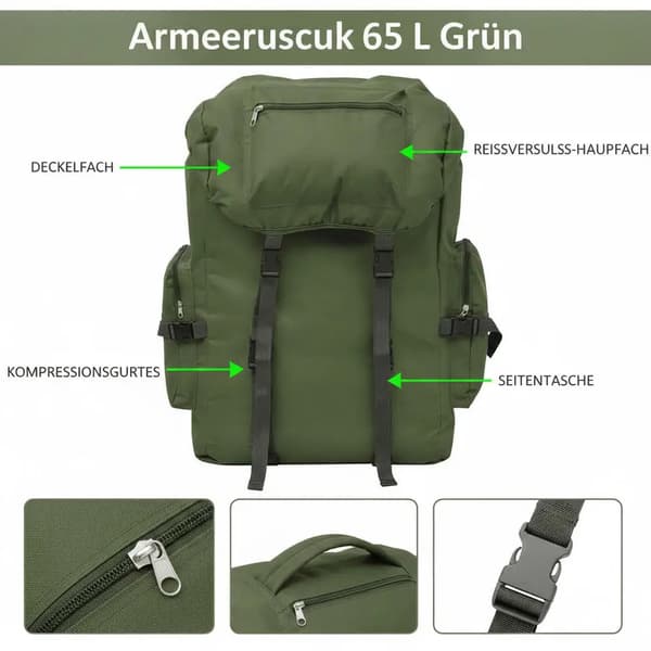 Rygsæk, 65L kapacitet, holdbart 600D polyester,Grøn