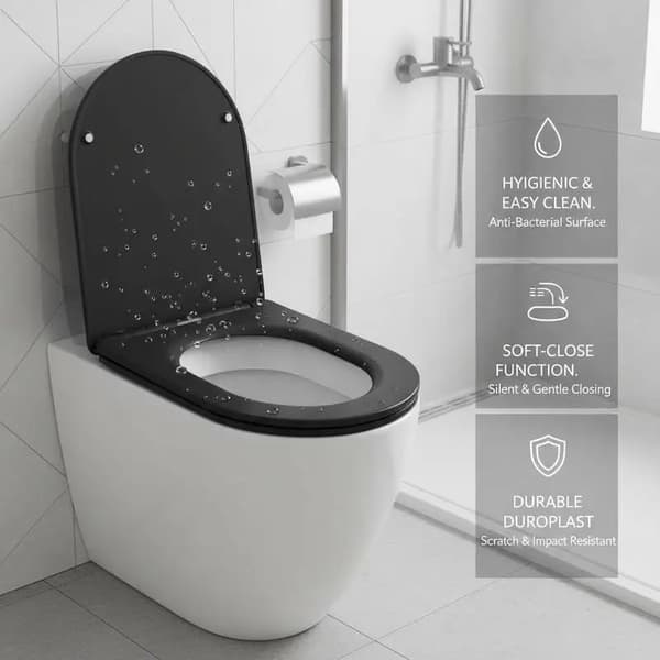 Toiletbræt, Holdbart Duroplast, Nem Installation,Rund, sort