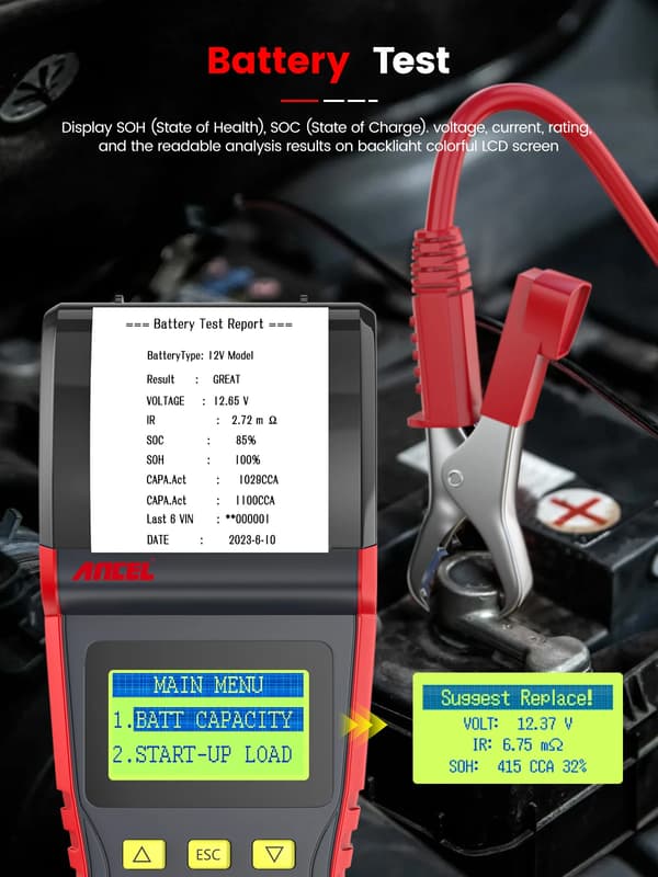 Batteritestare, inbyggd skrivare, stöder 12V och 24V system,ANCEL BST500