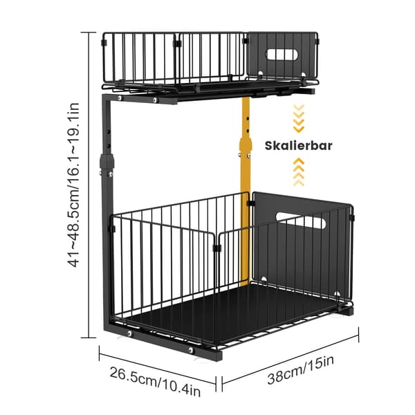 Under Sink Organizer, Utrækkelig Skuffe, Justerbart Design,2-lags, Sort farve