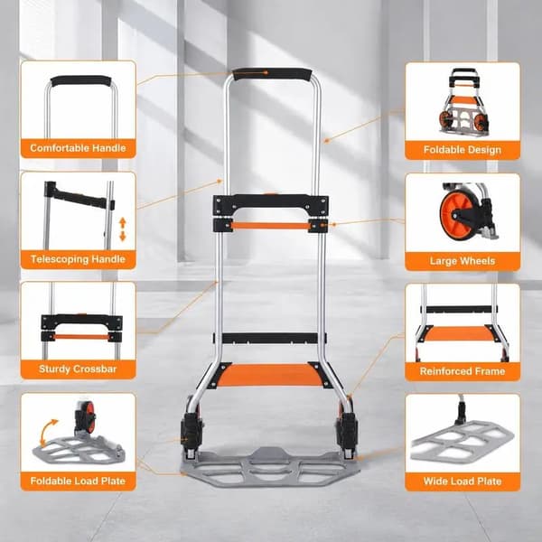 Hopfällbar handvagn, 125 kg kapacitet, justerbart handtag, Silver