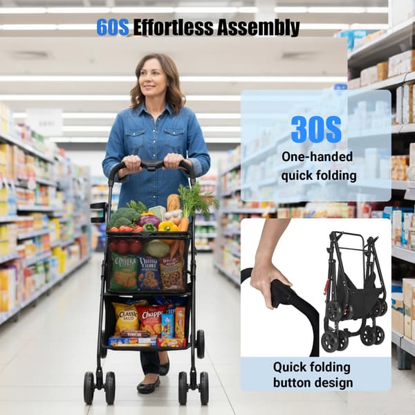 Fällbar Handtruck, 2-Lagers Förvaring, 360° Hjul,svart