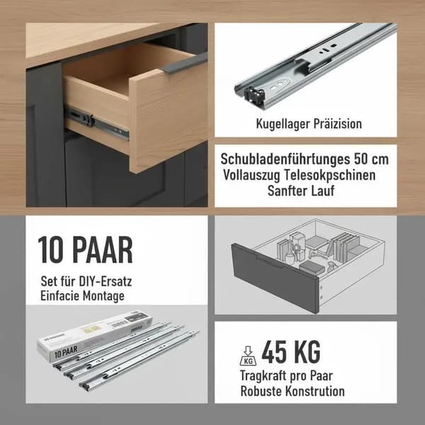 Lådslidningar, sidomonterade kulager, fullständig utdragsdesign, armégrön