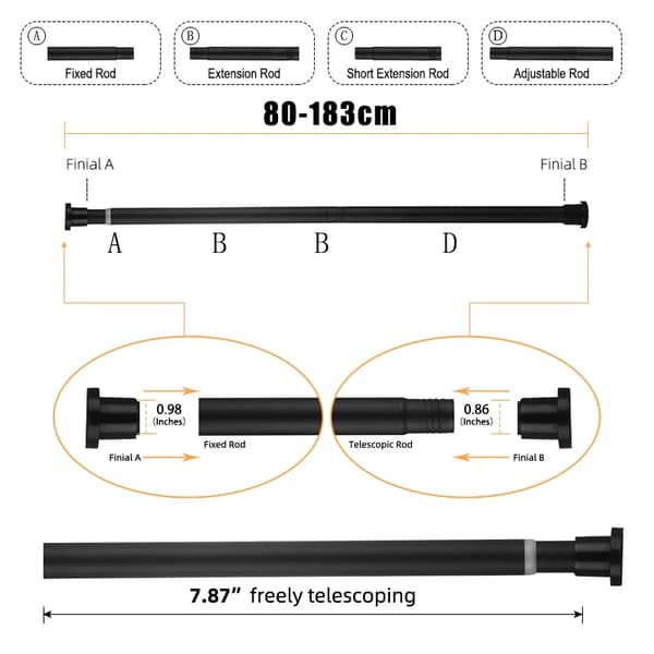 Bruseforhængsstang, Justerbar Længde, Teleskopisk Design,sort80-183CM