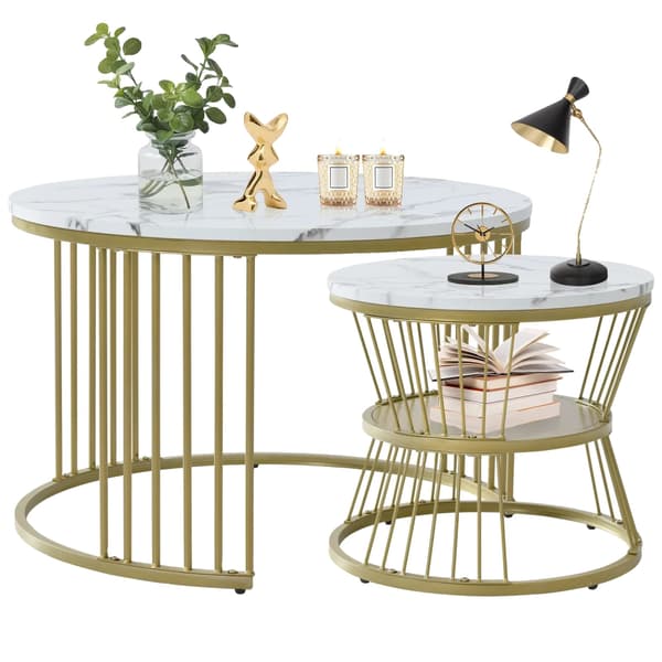 Kaffebord, Rundt Design, Moderne Stabelbare,Guld Hvid Skrivebord