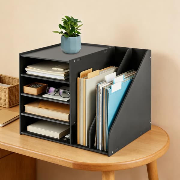 Filholder Organizer, 4+2 Niveau Design, Holdbart PVC Materiale,sort