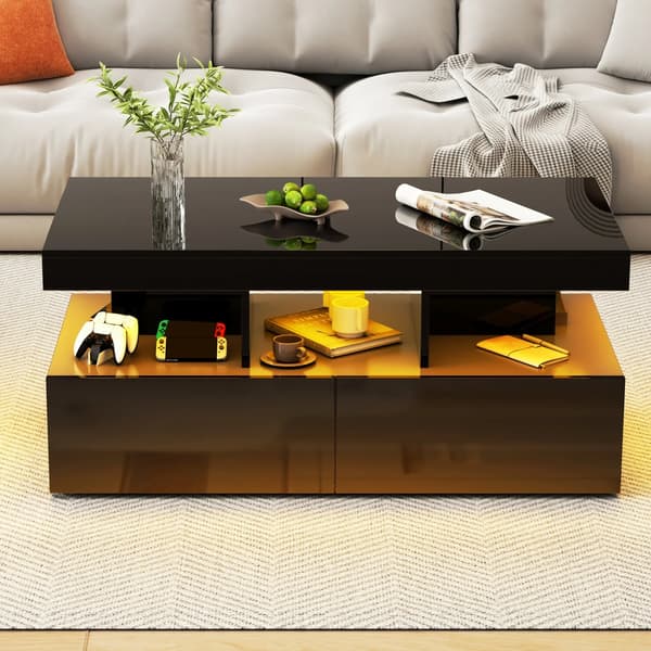 Soffbord, LED-belysning, 2 lådor, Svart