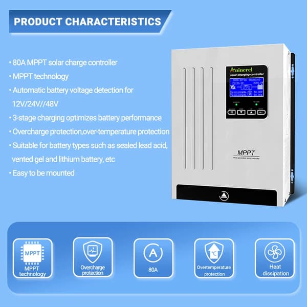 Solcelleladercontroller, 80A Maksimal Strøm, Kompatibel med 12V/24V/48V Systemer,MPPT 80A