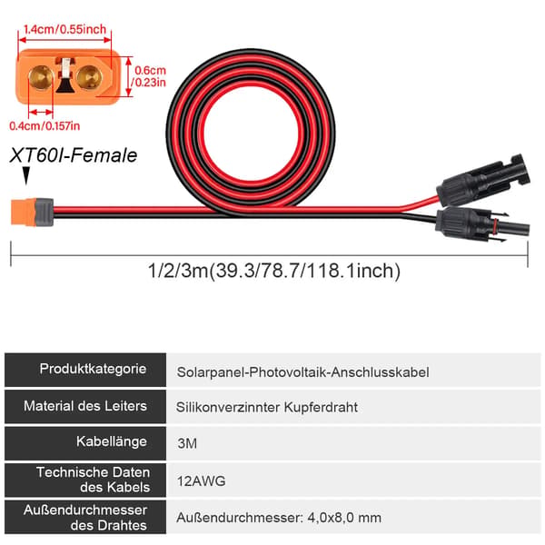 Batteri Connector, 12AWG Silikone Ledning, 300 cm Længde,3M