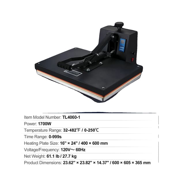 Varmepresser, Digital Kontrol, Justerbart Tryk,Sort 16in x 24in