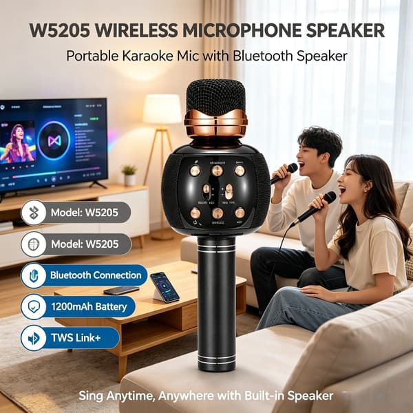 Trådløs Karaoke Mikrofon, Bluetooth 5.0, Stemmeeffekter,W5205