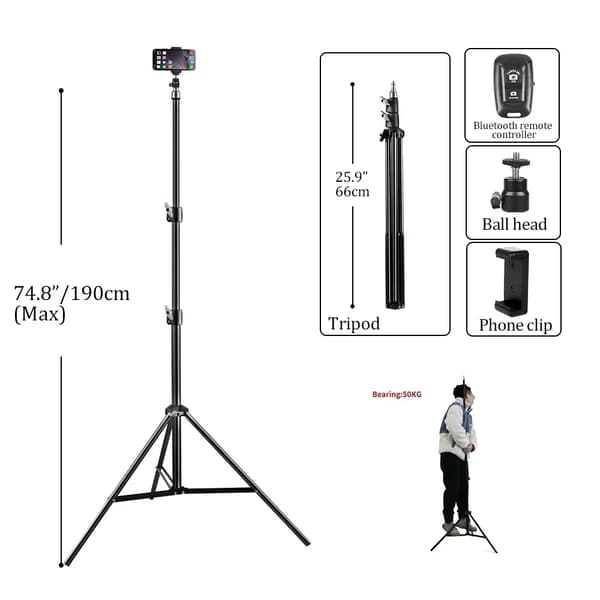 Selfiestativ, Justerbar Höjd, Bluetooth Kontroller,Ny 1.9M