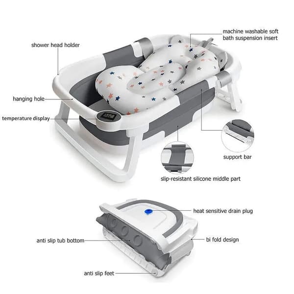 Babybadekar, Temperatursensor, Blødt Pude Design,GRÅ
