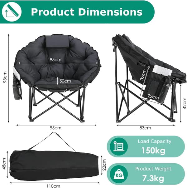 Campingstol, Polstret, Sammenklappelig Design,Sort 1 stk. stole