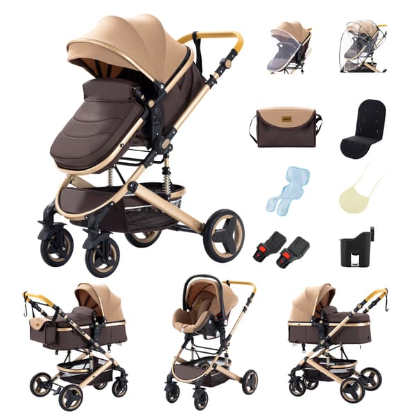 Barnevogn, 3 i 1 Multifunktionel, Nem Sammenklappelig Design,530 khaki