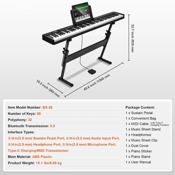 Elektroniskt Piano, Bluetooth-anslutning, Fällbar Design,88 tangenter med stativ