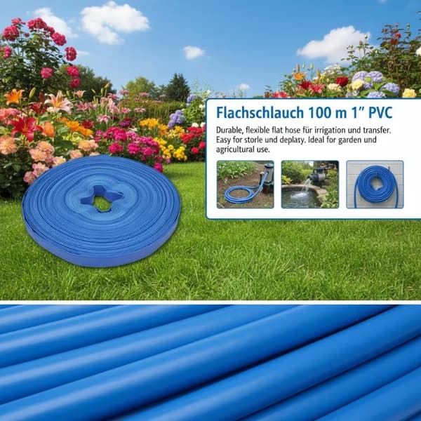 PVC Layflat Slange, 100m Længde, Letvægtsdesign,Blå