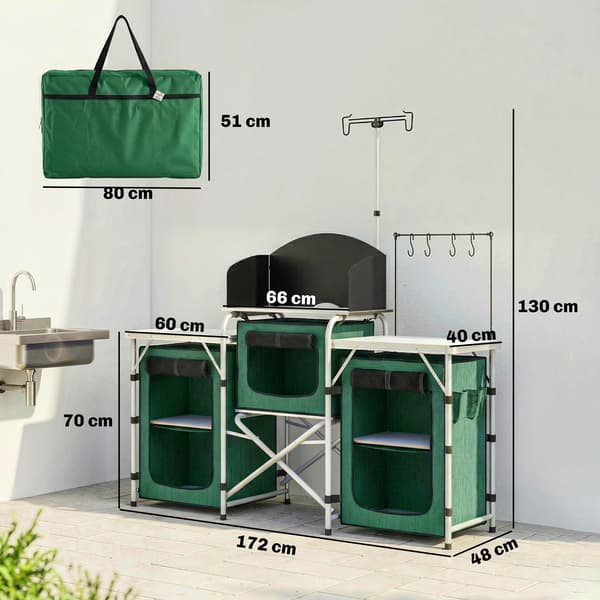 Campingköksskåp, vikbar design, lätt aluminiumkonstruktion, grön