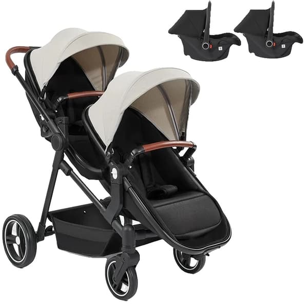Tvillingvagn, 3-i-1 Mångsidighet, Kompakt Fällbar Design,Khaki 2 bilstol