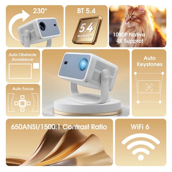 Projektor, 1080P opløsning, Wi-Fi og Bluetooth-forbindelse,650ANSI, EU Stik