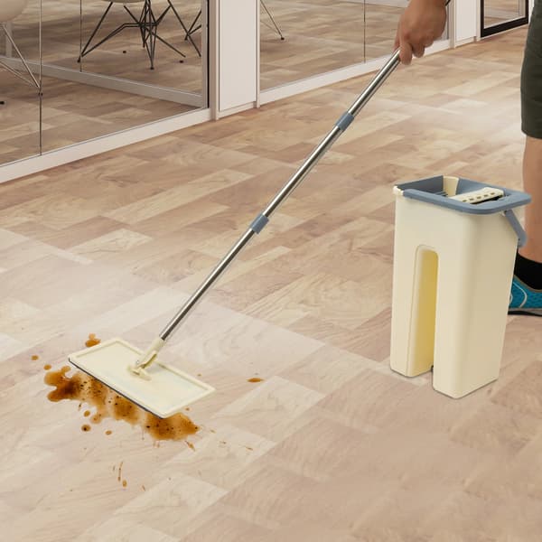 Flad Moppe Sæt, Langt Håndtag, Nem Opbevaring,Beige