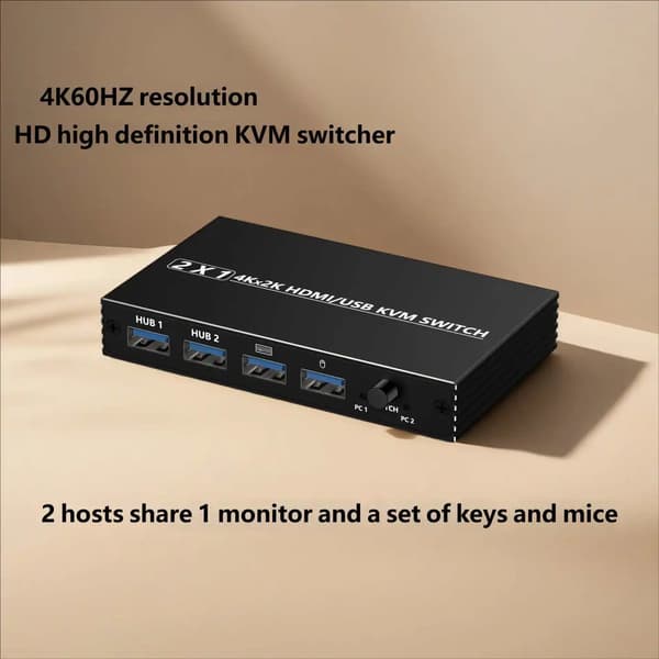 HDMI KVM-switch, 4K-upplösning, stöder 2 datorer, USB 2.0-portar, manuell växlingsknapp, kompatibel med Windows/Linux/MacOS