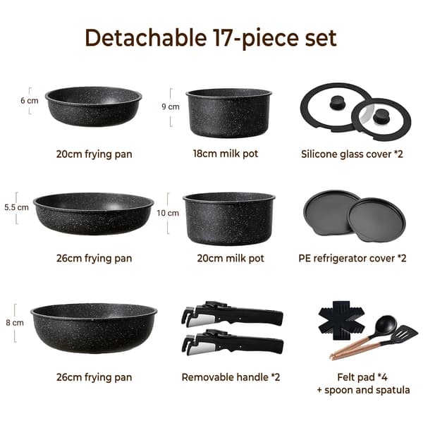 Køkkengrej Sæt, Non-stick, Aftagelige Håndtag,Lys Grå