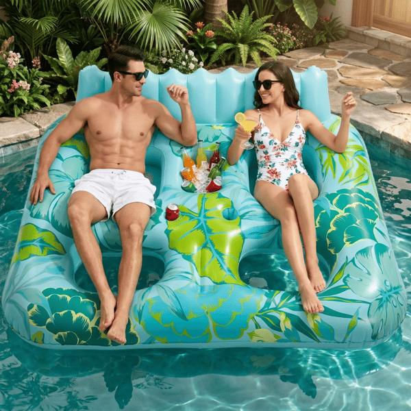 Oppustelig Pool Float, Ergonomisk Design, Indbyggede Kop Holdere,Cyan