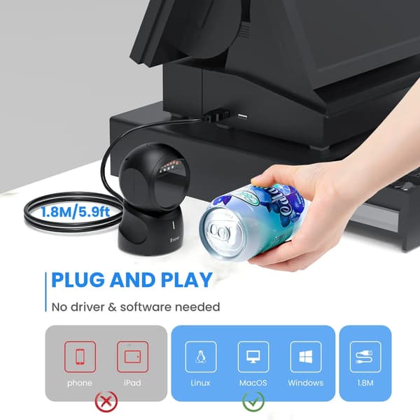 Stregkodescanner, Omnidirektionel Scanning, Nem Installation,2D skrivebordsscanner