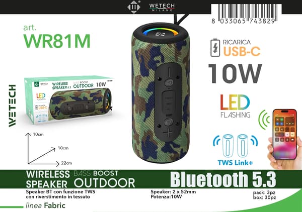 Bluetooth-kaiutin, 10W Teho, TWS Stereo Link,WR81M