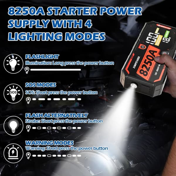 Jump Starter, Kompakt Design, Multifunktionel Opladning,8250A