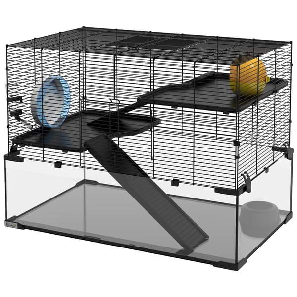 Hamsterbur, rummelig multi-niveau design, inkluderer essentielle tilbehør,sort