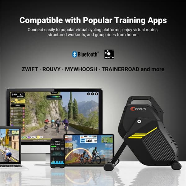 Smart Bike Trainer, 2200W Effektudgang, Bluetooth og ANT+ Forbindelse,T10